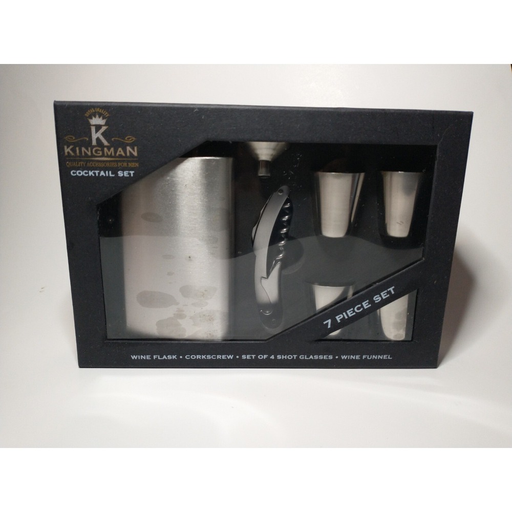 Kingman 7 Piece Stainless Steel Cocktail Set Flask Corkscrew Shot Glasses Funnel